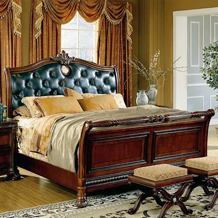 California King Asola Sleigh Bed with Tufted Leather